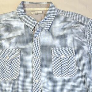 PD&C Men Gingham Button Down Shirt 4XL Blue White Plaid Short Sleeve Z21